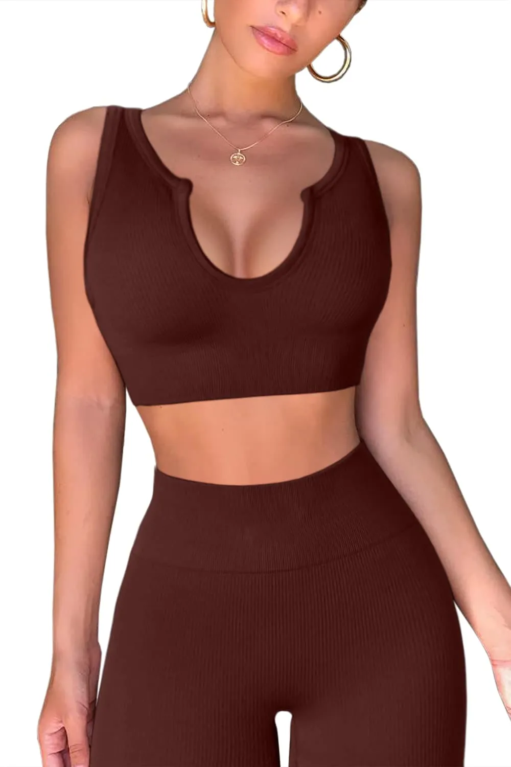 QINSEN Workout Outfits for Women 2 Piece Ribbed Seamless Crop Tank High Waist Yoga Leggings Sets,04 Coffee