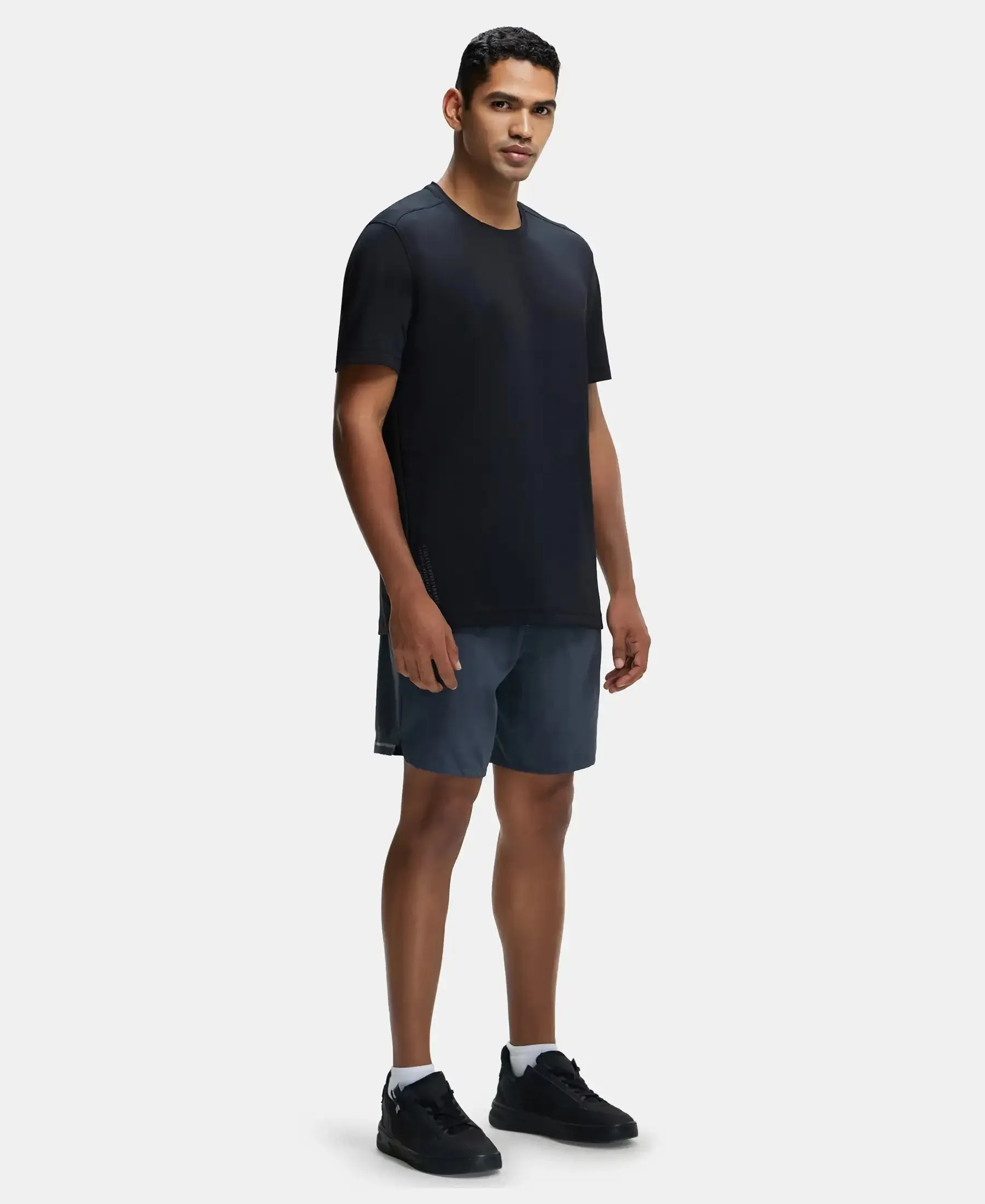 Recycled Microfiber Elastane Stretch Fabric Round Neck Half Sleeve Breathable Mesh T-Shirt - Black