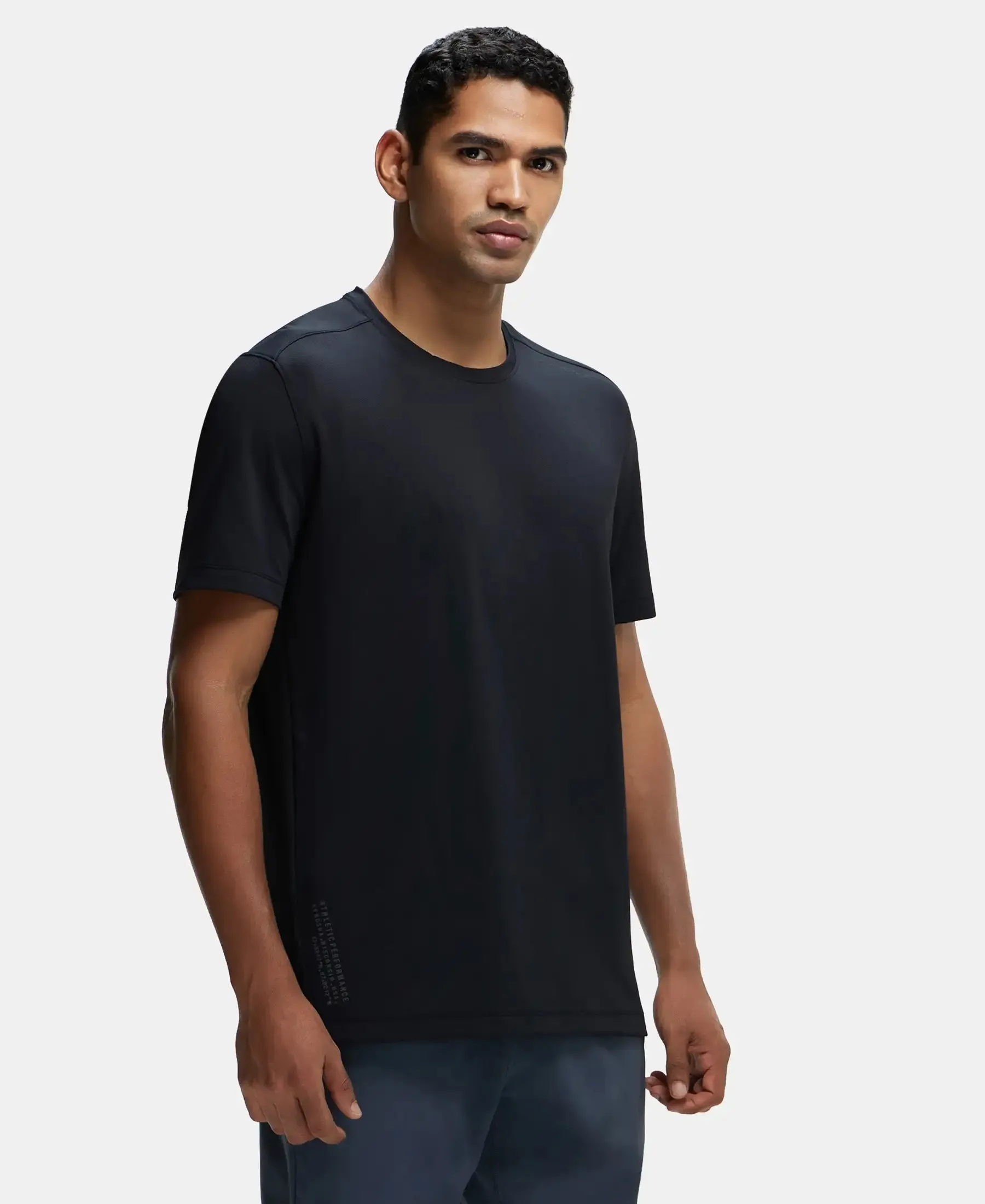 Recycled Microfiber Elastane Stretch Fabric Round Neck Half Sleeve Breathable Mesh T-Shirt - Black