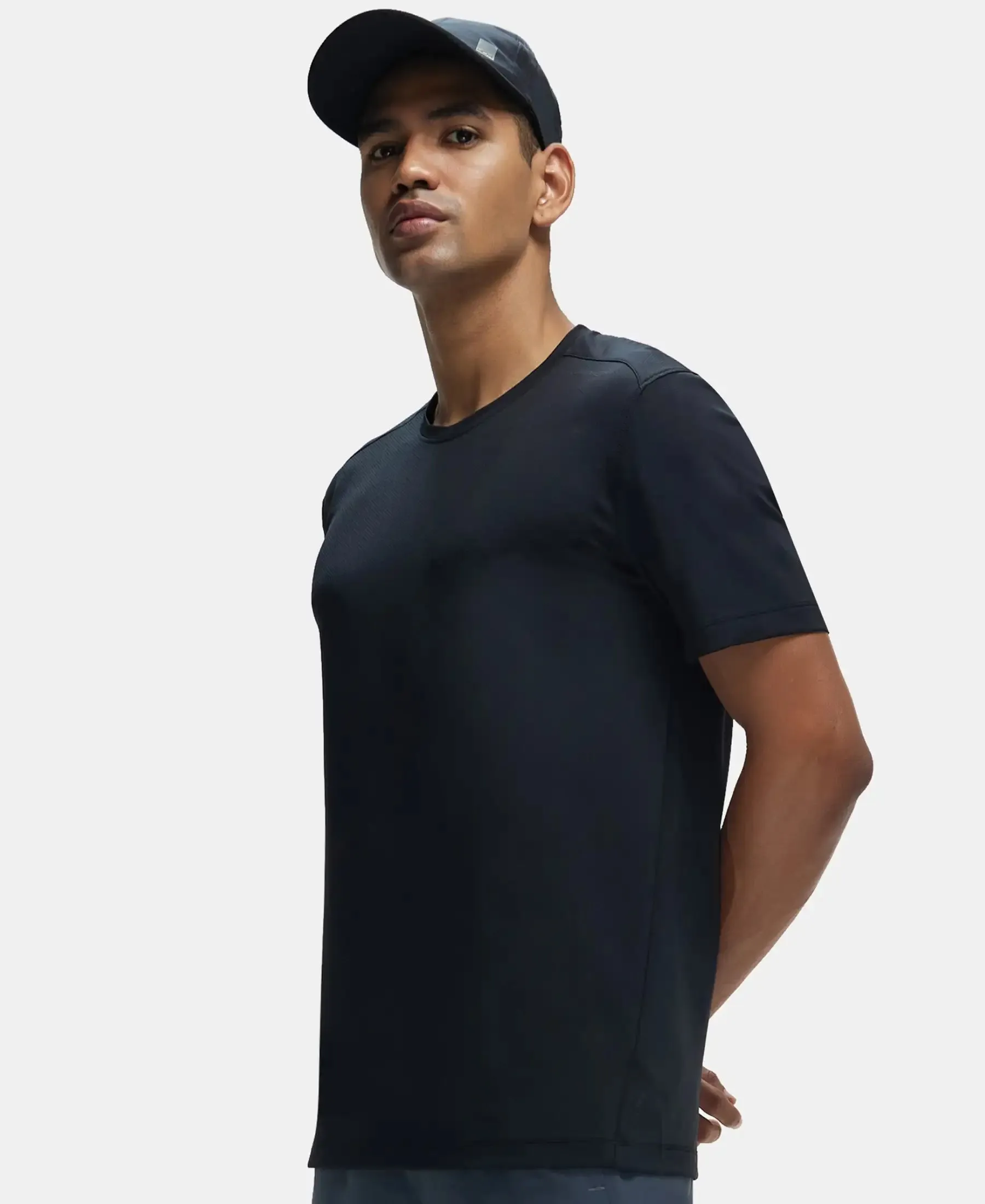 Recycled Microfiber Elastane Stretch Fabric Round Neck Half Sleeve Breathable Mesh T-Shirt - Black
