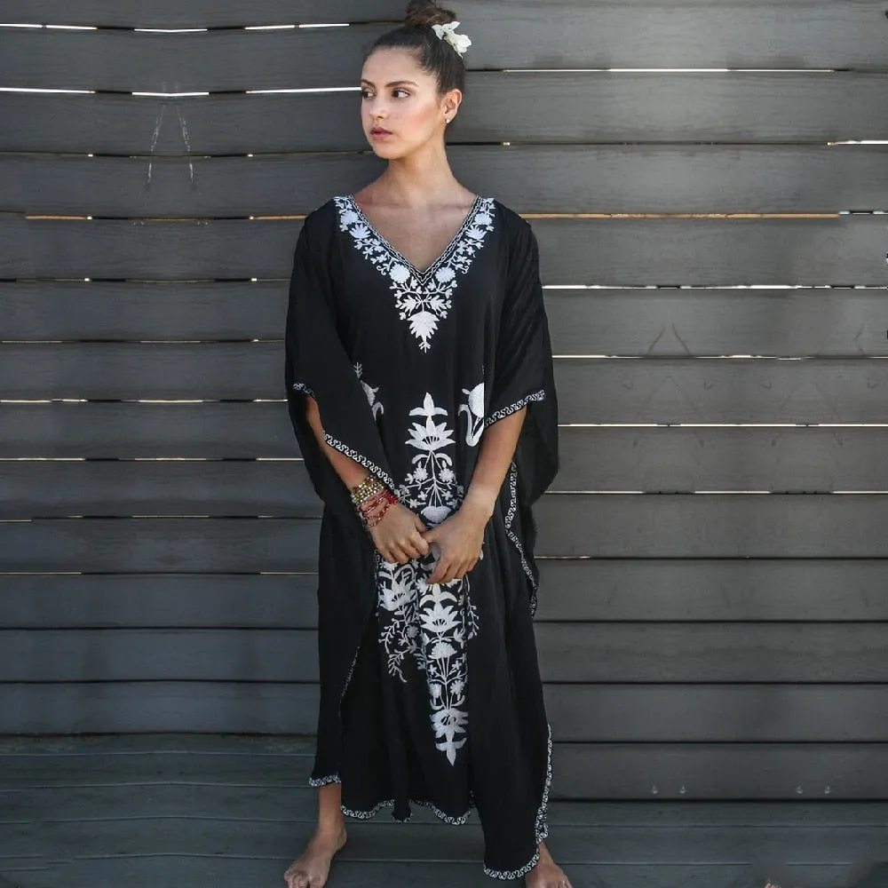 Red Bohemian Floral Embroidered Loose Summer Beach Dress Moroccan Caftan Plus Size Women Street Wear Midi Dress Sarong Q855
