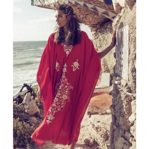 Red Bohemian Floral Embroidered Loose Summer Beach Dress Moroccan Caftan Plus Size Women Street Wear Midi Dress Sarong Q855