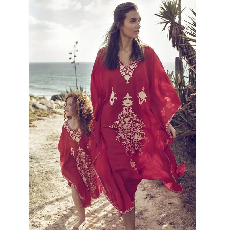 Red Bohemian Floral Embroidered Loose Summer Beach Dress Moroccan Caftan Plus Size Women Street Wear Midi Dress Sarong Q855