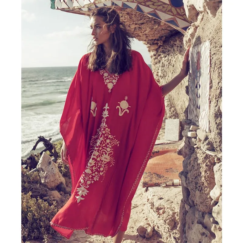 Red Bohemian Floral Embroidered Loose Summer Beach Dress Moroccan Caftan Plus Size Women Street Wear Midi Dress Sarong Q855