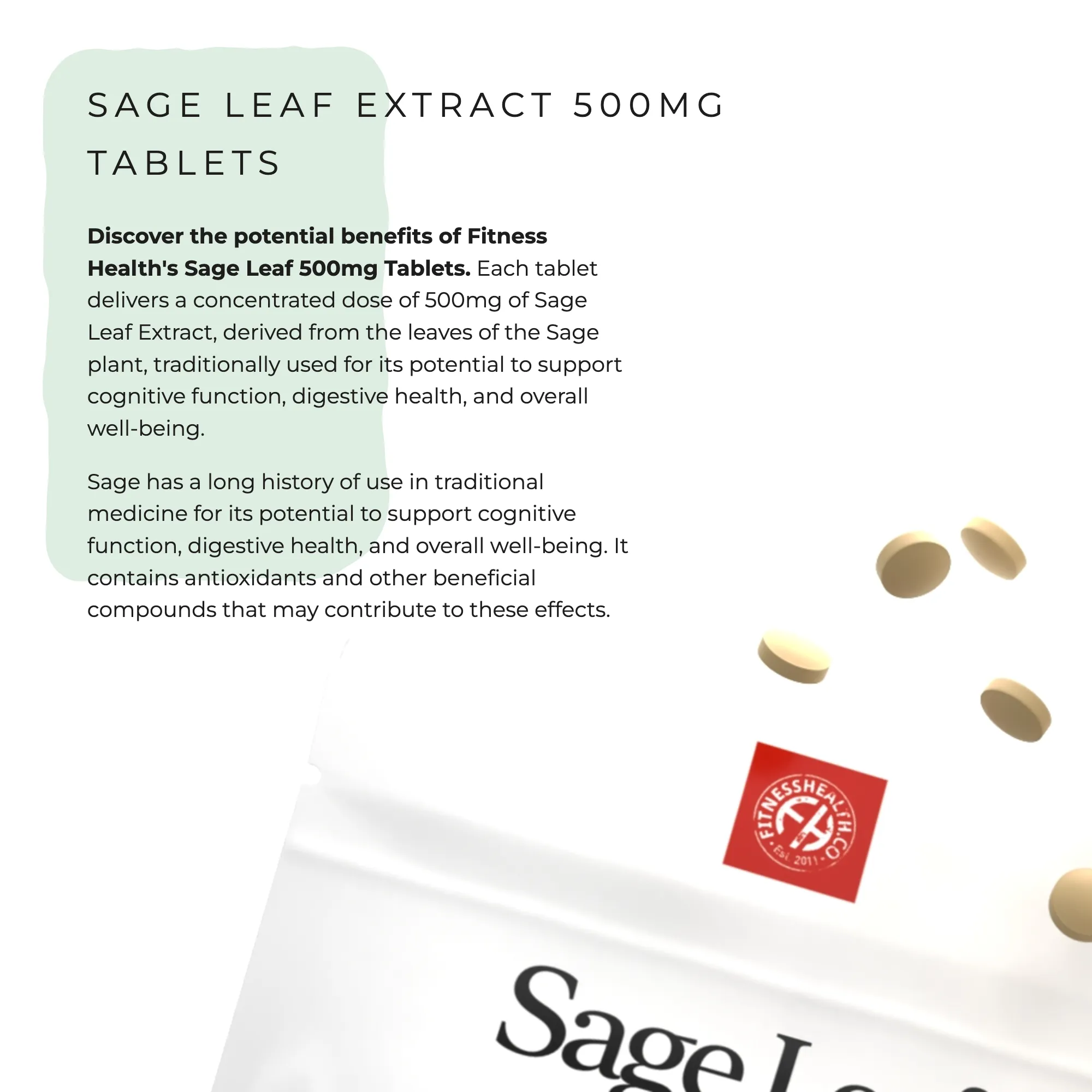 Sage Leaf Tablets 500mg - Menopause Symptom Relief Perimenopause - Vegan