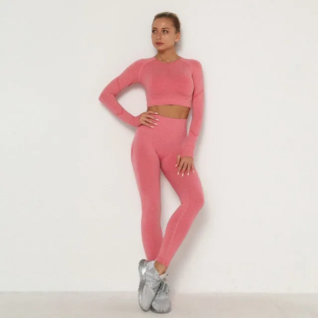 Seamless Women Sport Set For Gym Long Sleeve Top High Waist Belly Control Leggings Clothes Seamless Sport Suit Sexy Booty Girls