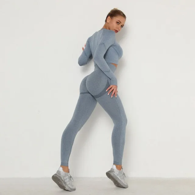 Seamless Women Sport Set For Gym Long Sleeve Top High Waist Belly Control Leggings Clothes Seamless Sport Suit Sexy Booty Girls