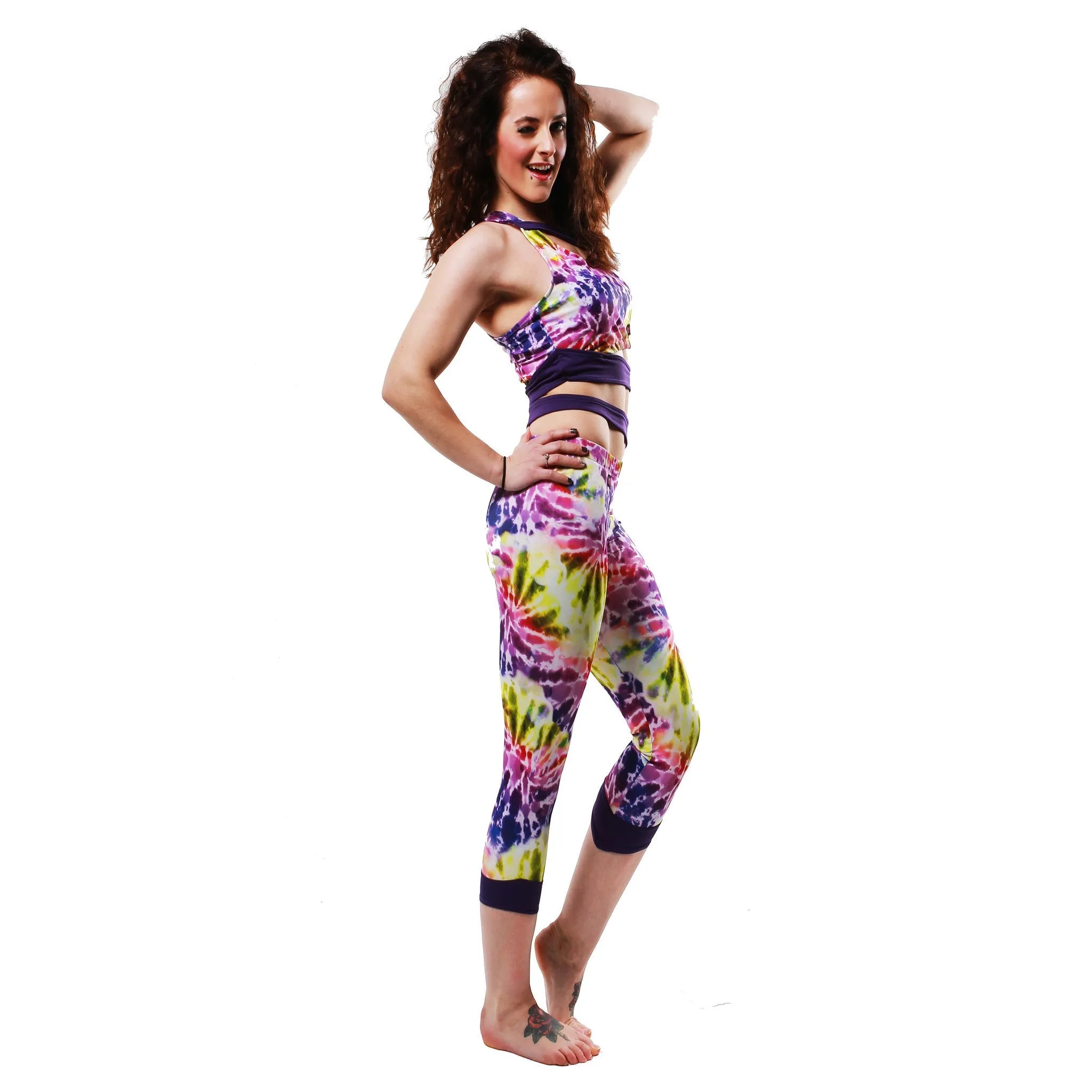 Siren Print Cropped Leggings - Spiral Tie Dye / Purple