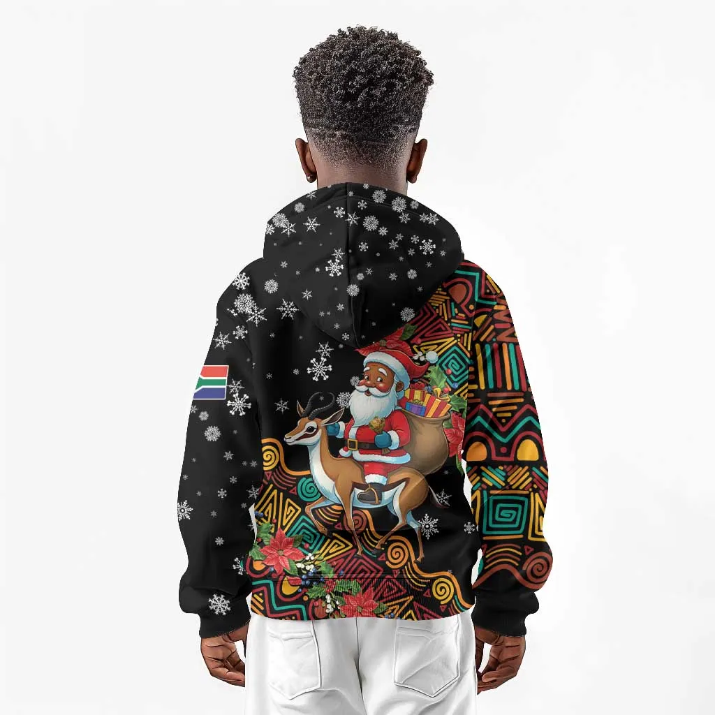 South Africa Gelukkige Kersfees Kid Hoodie Black Santa Claus Riding Springbok LT01