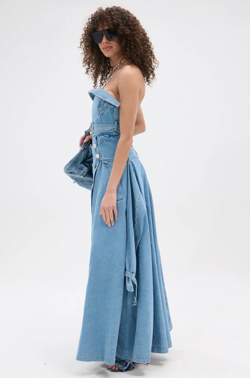 STRAPLESS TRENCH MAXI DRESS IN DENIM