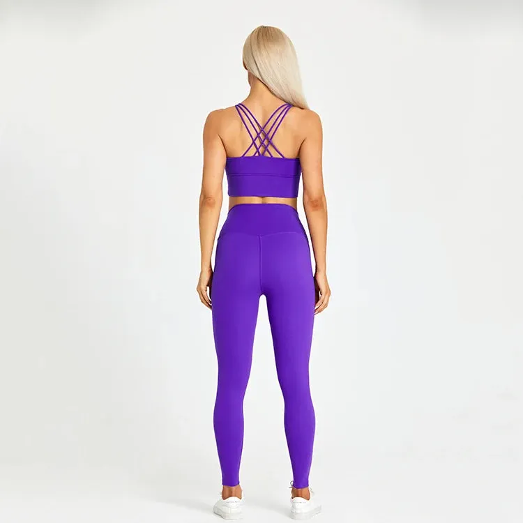 Strappy Longline Sports Bra and High Waist Leggings Set for Women - 2 Piece Yoga Gym Clothing