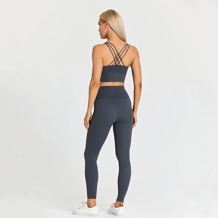 Strappy Longline Sports Bra and High Waist Leggings Set for Women - 2 Piece Yoga Gym Clothing