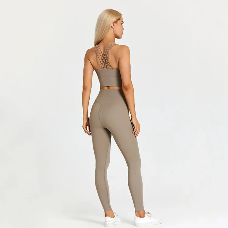 Strappy Longline Sports Bra and High Waist Leggings Set for Women - 2 Piece Yoga Gym Clothing