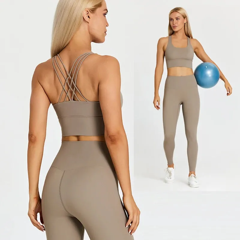 Strappy Longline Sports Bra and High Waist Leggings Set for Women - 2 Piece Yoga Gym Clothing