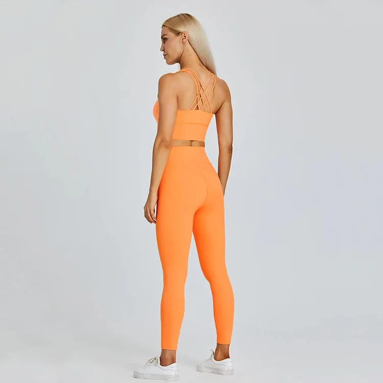 Strappy Longline Sports Bra and High Waist Leggings Set for Women - 2 Piece Yoga Gym Clothing