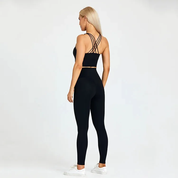 Strappy Longline Sports Bra and High Waist Leggings Set for Women - 2 Piece Yoga Gym Clothing