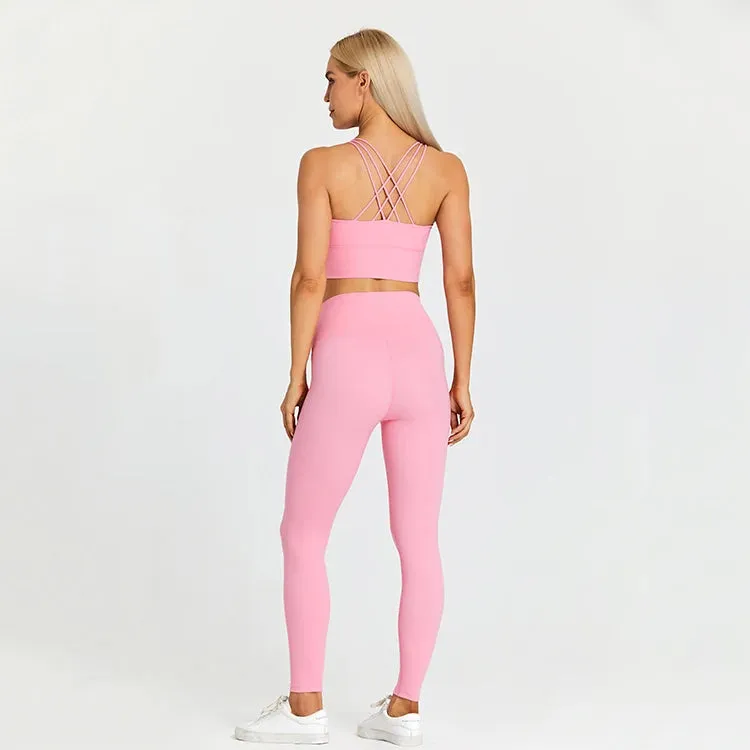 Strappy Longline Sports Bra and High Waist Leggings Set for Women - 2 Piece Yoga Gym Clothing