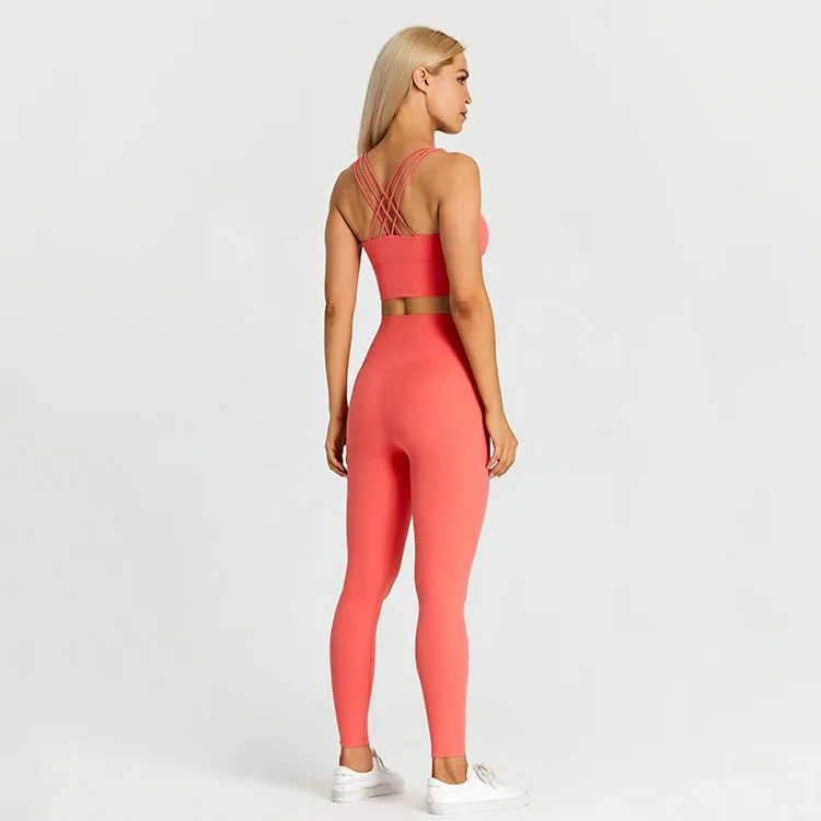 Strappy Longline Sports Bra and High Waist Leggings Set for Women - 2 Piece Yoga Gym Clothing