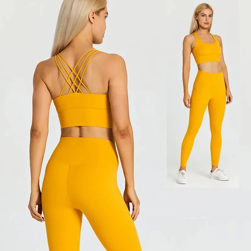 Strappy Longline Sports Bra and High Waist Leggings Set for Women - 2 Piece Yoga Gym Clothing