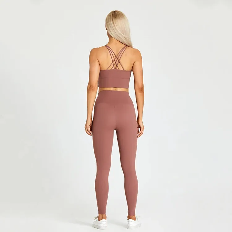 Strappy Longline Sports Bra and High Waist Leggings Set for Women - 2 Piece Yoga Gym Clothing