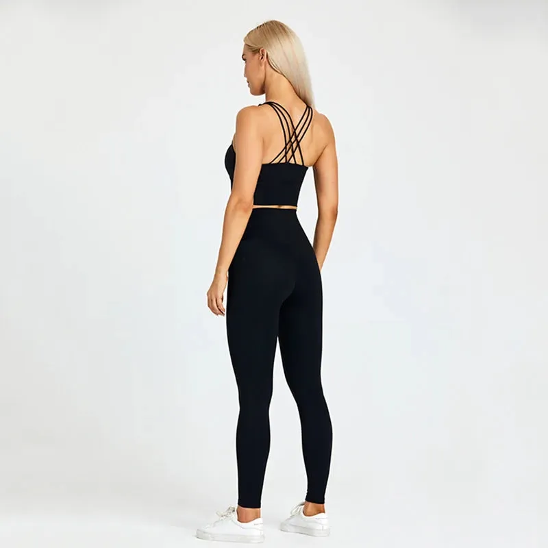 Strappy Longline Sports Bra and High Waist Leggings Set for Women - 2 Piece Yoga Gym Clothing