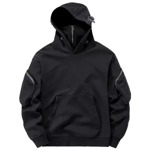 Streetwear Hoodies Harajuku Y2K Hip Hop Sweatshirts - High Neck Windproof Techwear Cargo Tops in Dark Black