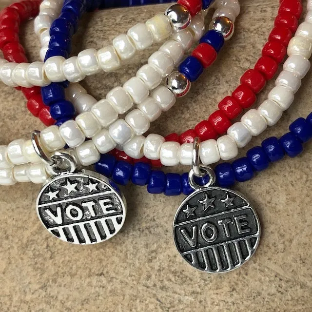Stretch necklace or triple wrap bracelet with silver VOTE charm