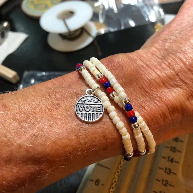 Stretch necklace or triple wrap bracelet with silver VOTE charm