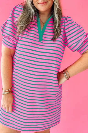 Stripe Pink Collar T Shirt Plus Size Dress