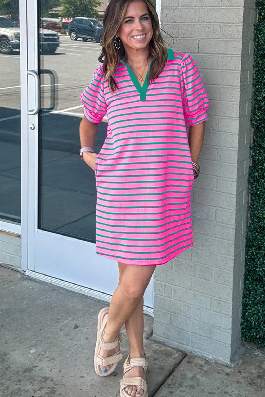 Stripe Pink Collar T Shirt Plus Size Dress
