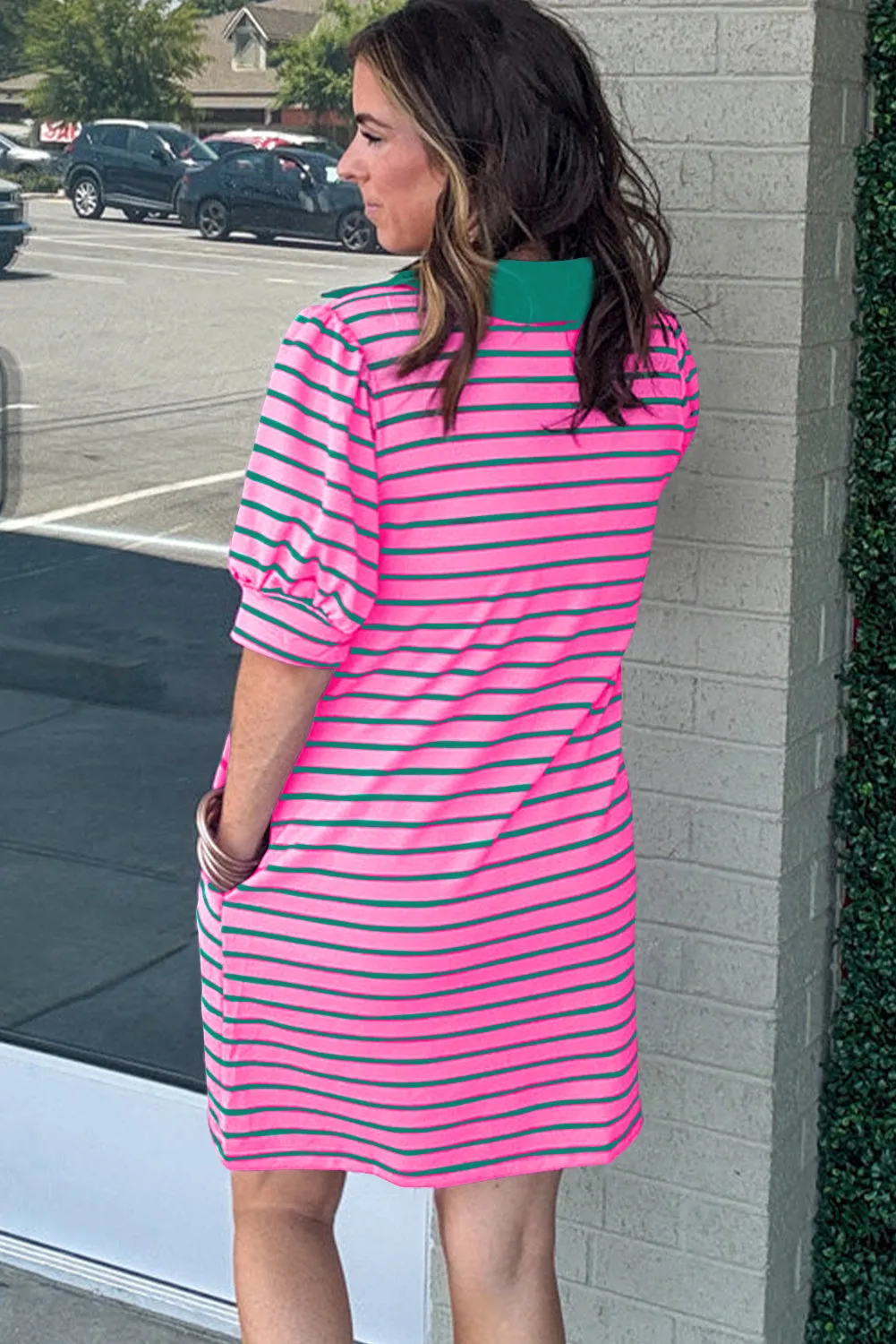 Stripe Pink Collar T Shirt Plus Size Dress