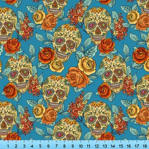 Sugar Skulls and Flowers Fabric By the Yard, Half Yard and Fat Quarter