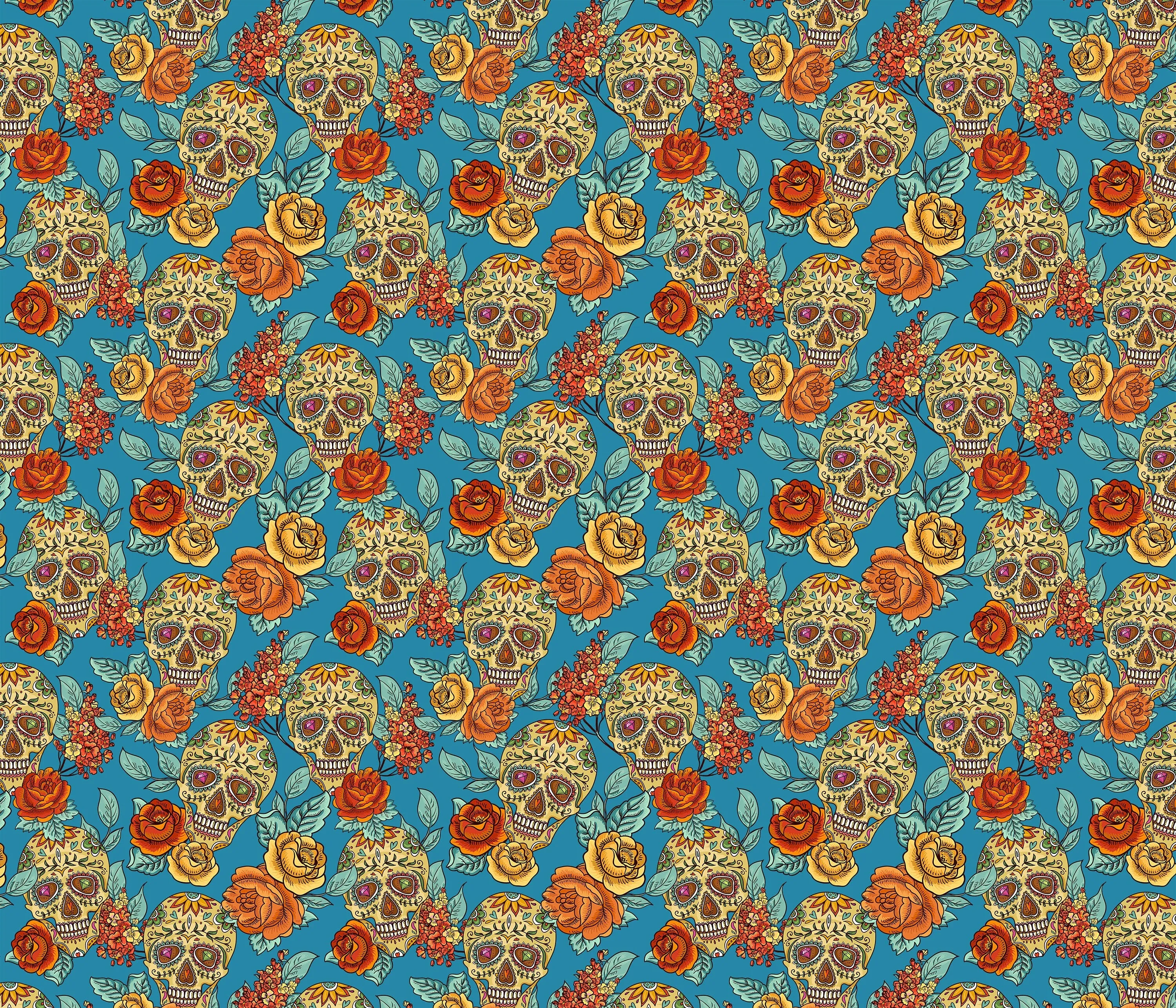 Sugar Skulls and Flowers Fabric By the Yard, Half Yard and Fat Quarter