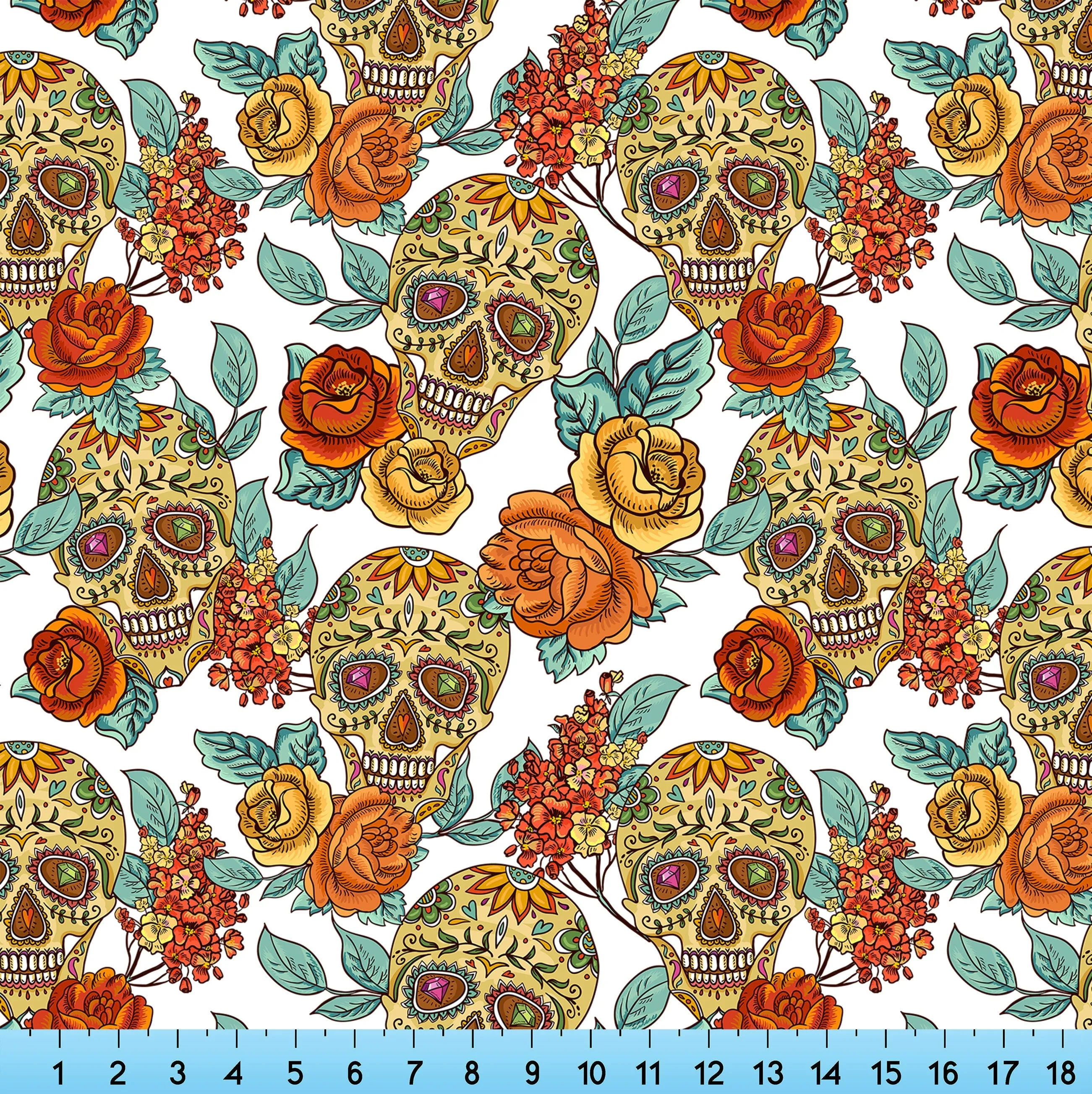 Sugar Skulls and Vintage Roses Fabric By the Yard, Half Yard and Fat Quarter