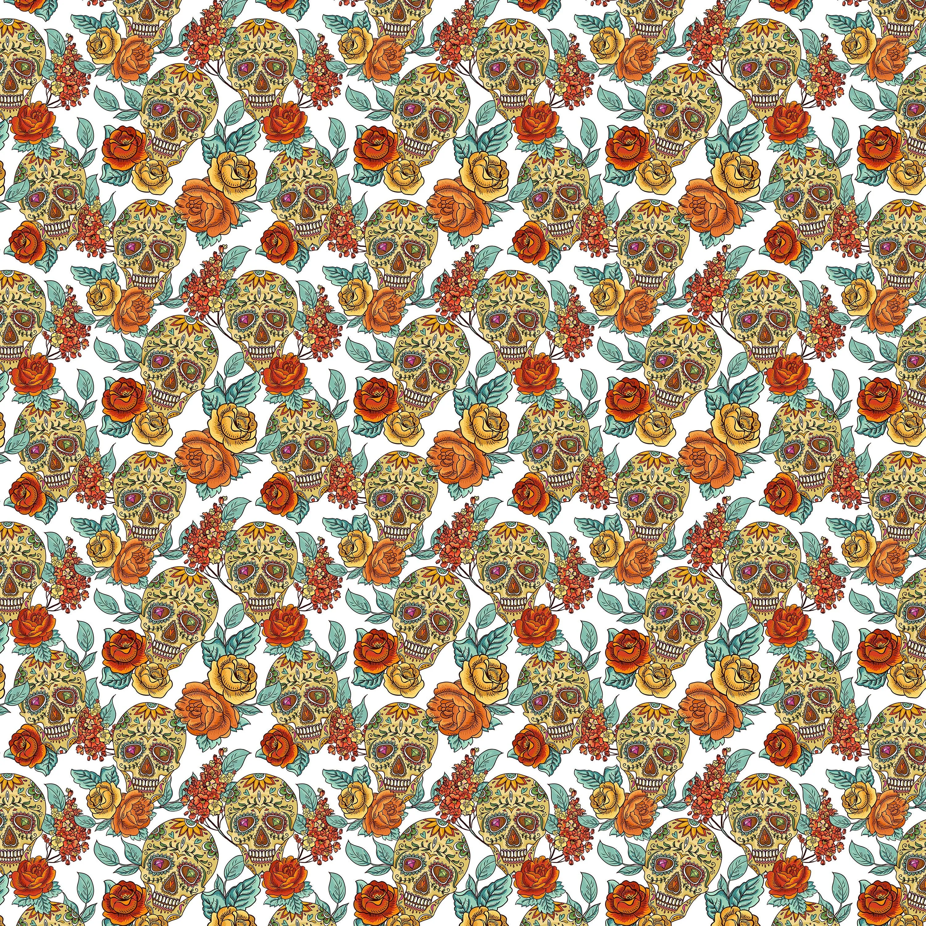 Sugar Skulls and Vintage Roses Fabric By the Yard, Half Yard and Fat Quarter