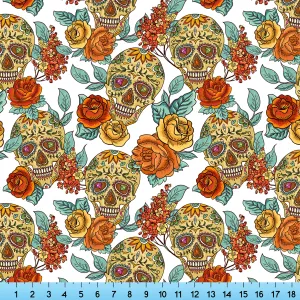 Sugar Skulls and Vintage Roses Fabric By the Yard, Half Yard and Fat Quarter