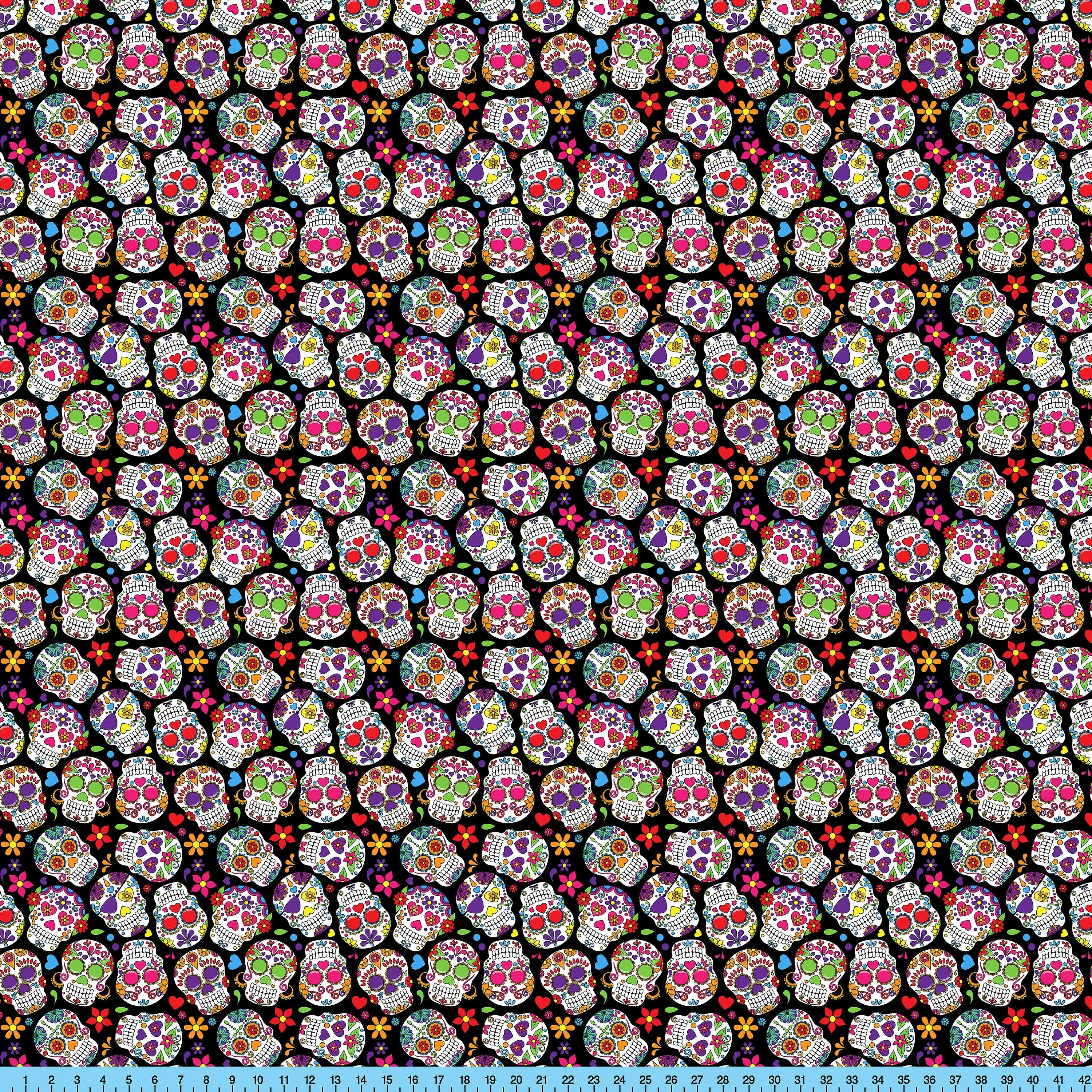 Sugar Skulls Fabric the Yard. Broadcloth, Poplin, Gabardine, Liverpool for Clothing and Craft Projects.