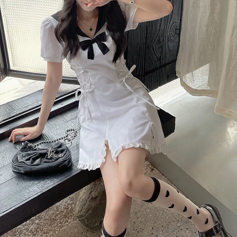 Summer Kawaii Party Mini Dress Women Y2K Patchwork Sweet Bandage Dress Female Bow Casual High Street Korean Designer Dress
