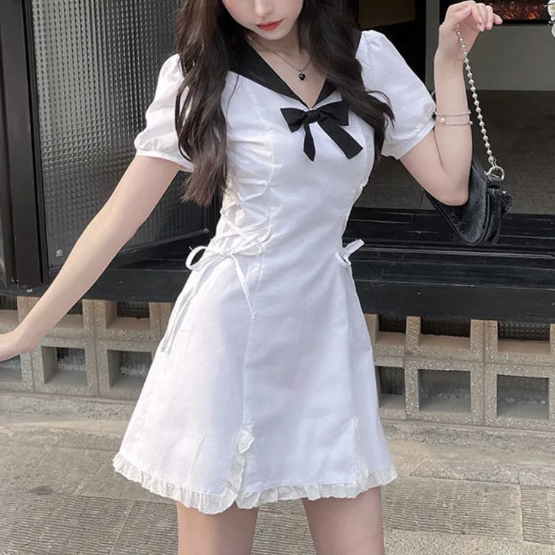 Summer Kawaii Party Mini Dress Women Y2K Patchwork Sweet Bandage Dress Female Bow Casual High Street Korean Designer Dress