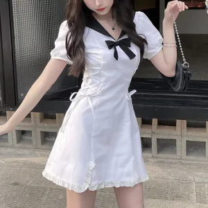 Summer Kawaii Party Mini Dress Women Y2K Patchwork Sweet Bandage Dress Female Bow Casual High Street Korean Designer Dress