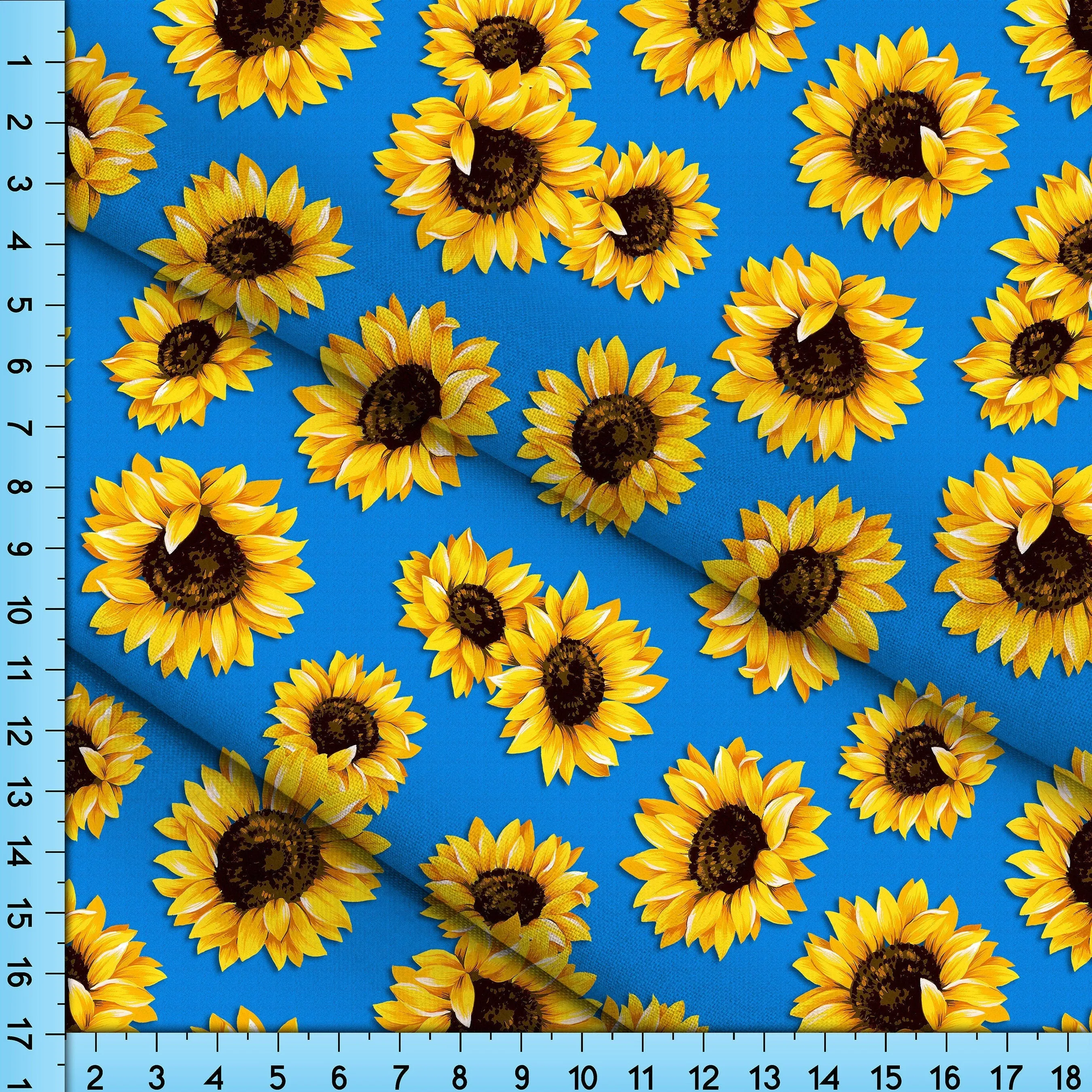 Sunflower Fabric on Blue Background, Printed By the Yard on your choice of fabrics