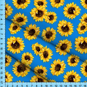 Sunflower Fabric on Blue Background, Printed By the Yard on your choice of fabrics