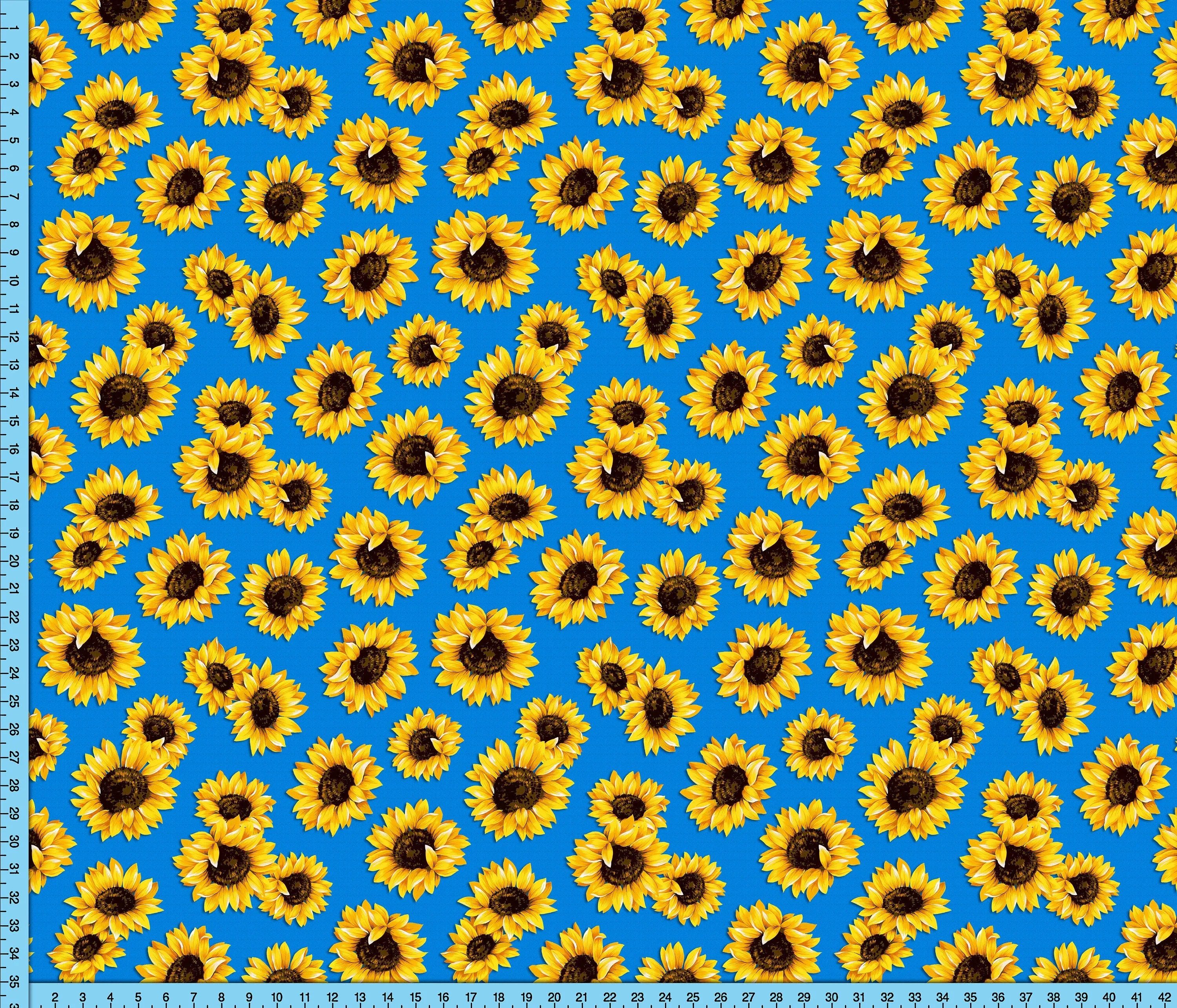 Sunflower Fabric on Blue Background, Printed By the Yard on your choice of fabrics