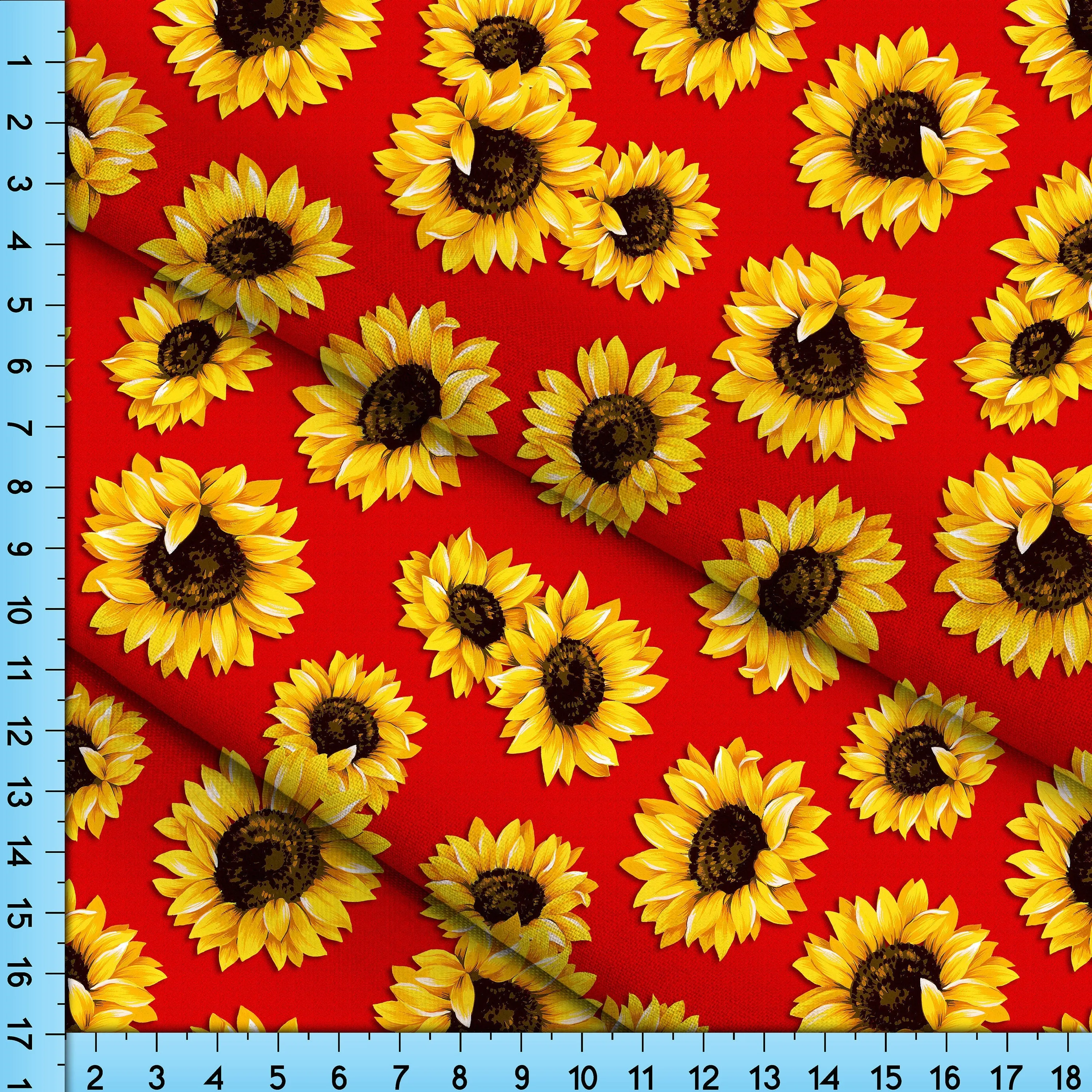 Sunflower Fabric on Red Background, Printed By the Yard on your choice of polyester fabrics