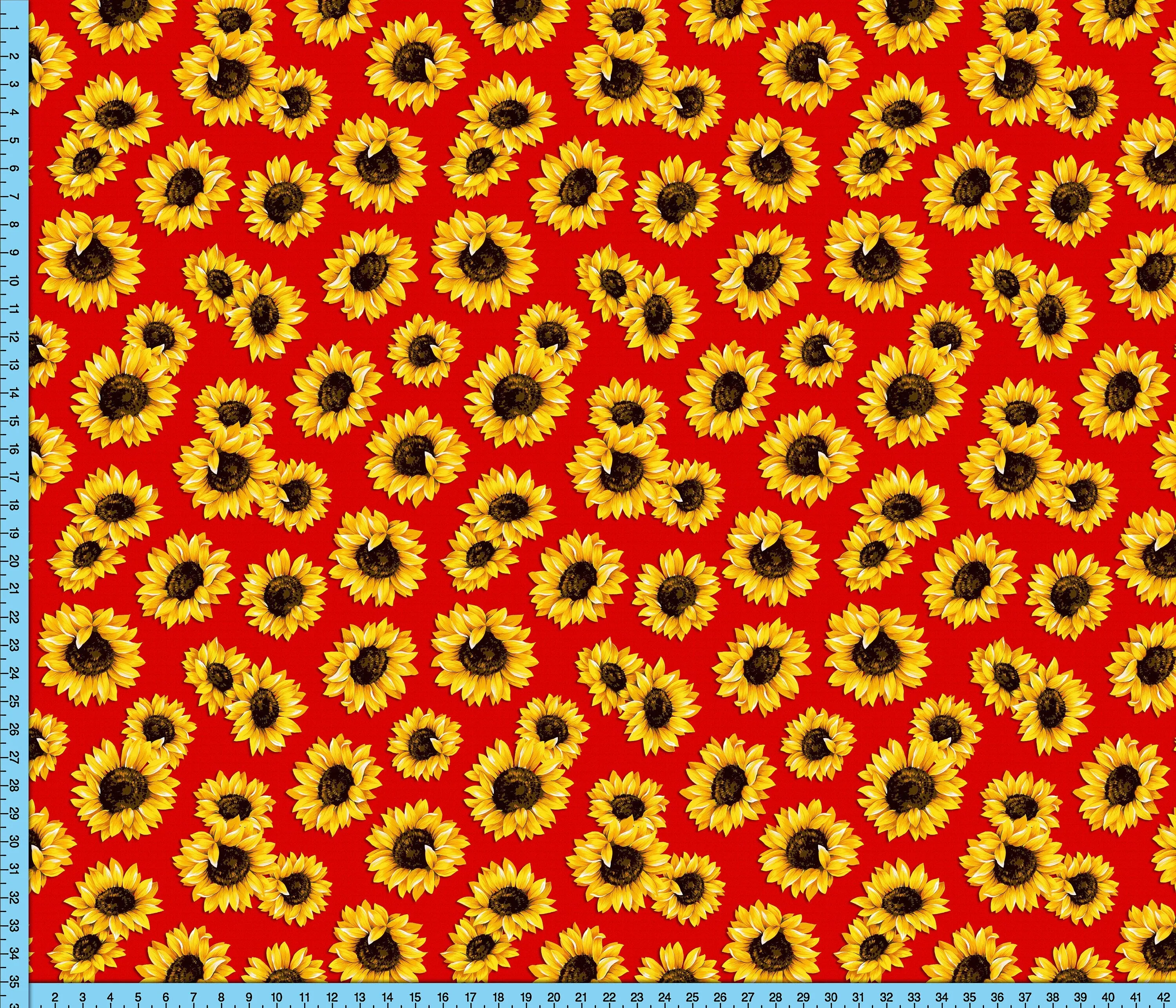 Sunflower Fabric on Red Background, Printed By the Yard on your choice of polyester fabrics