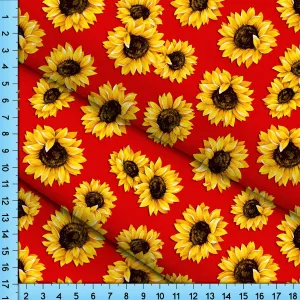 Sunflower Fabric on Red Background, Printed By the Yard on your choice of polyester fabrics