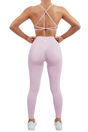 SUUKSESS Women Seamless 2 piece Workout Sets Strappy Padded Sports Bra Booty High Waisted Leggings Outfits (Baby Pink)