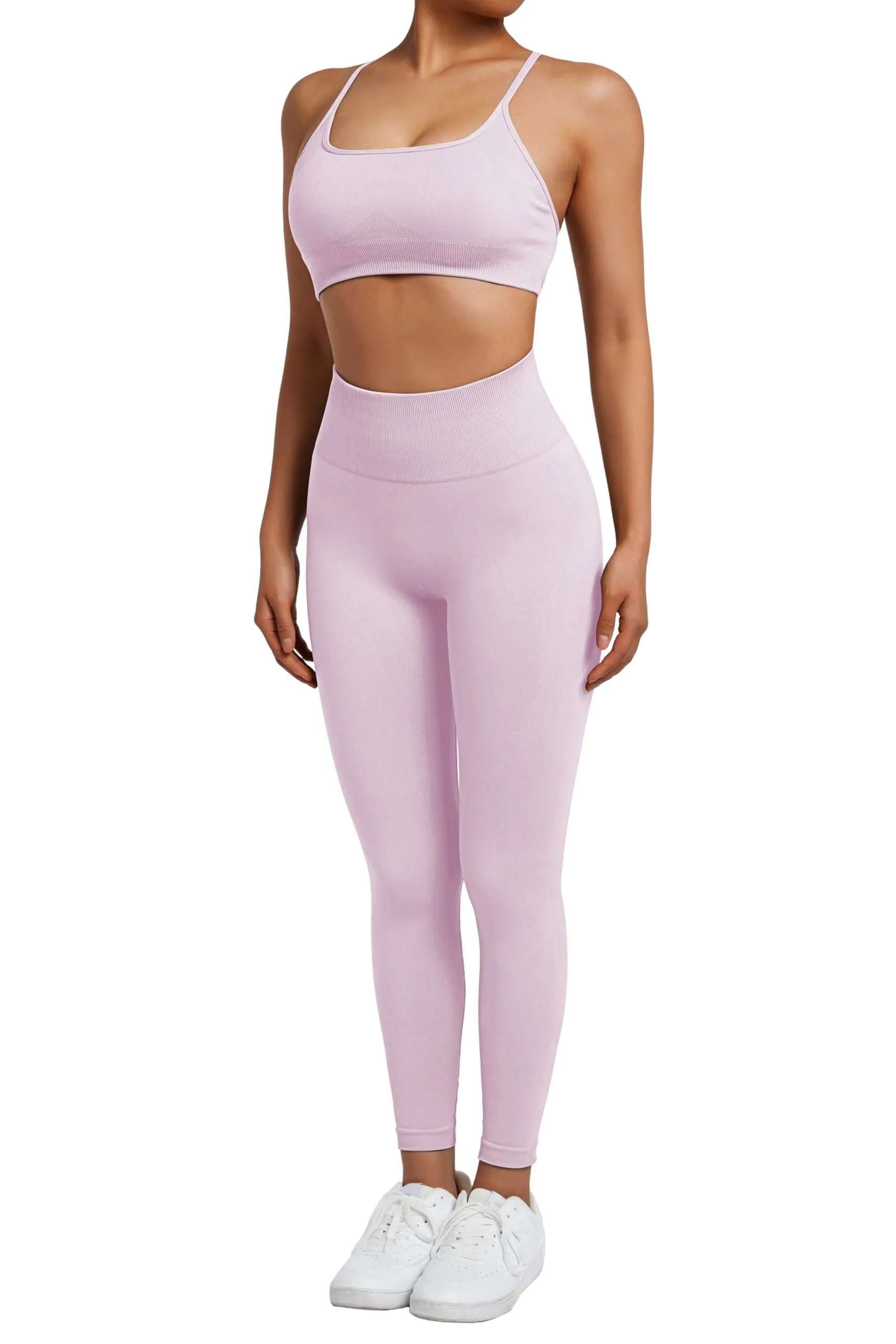 SUUKSESS Women Seamless 2 piece Workout Sets Strappy Padded Sports Bra Booty High Waisted Leggings Outfits (Baby Pink)