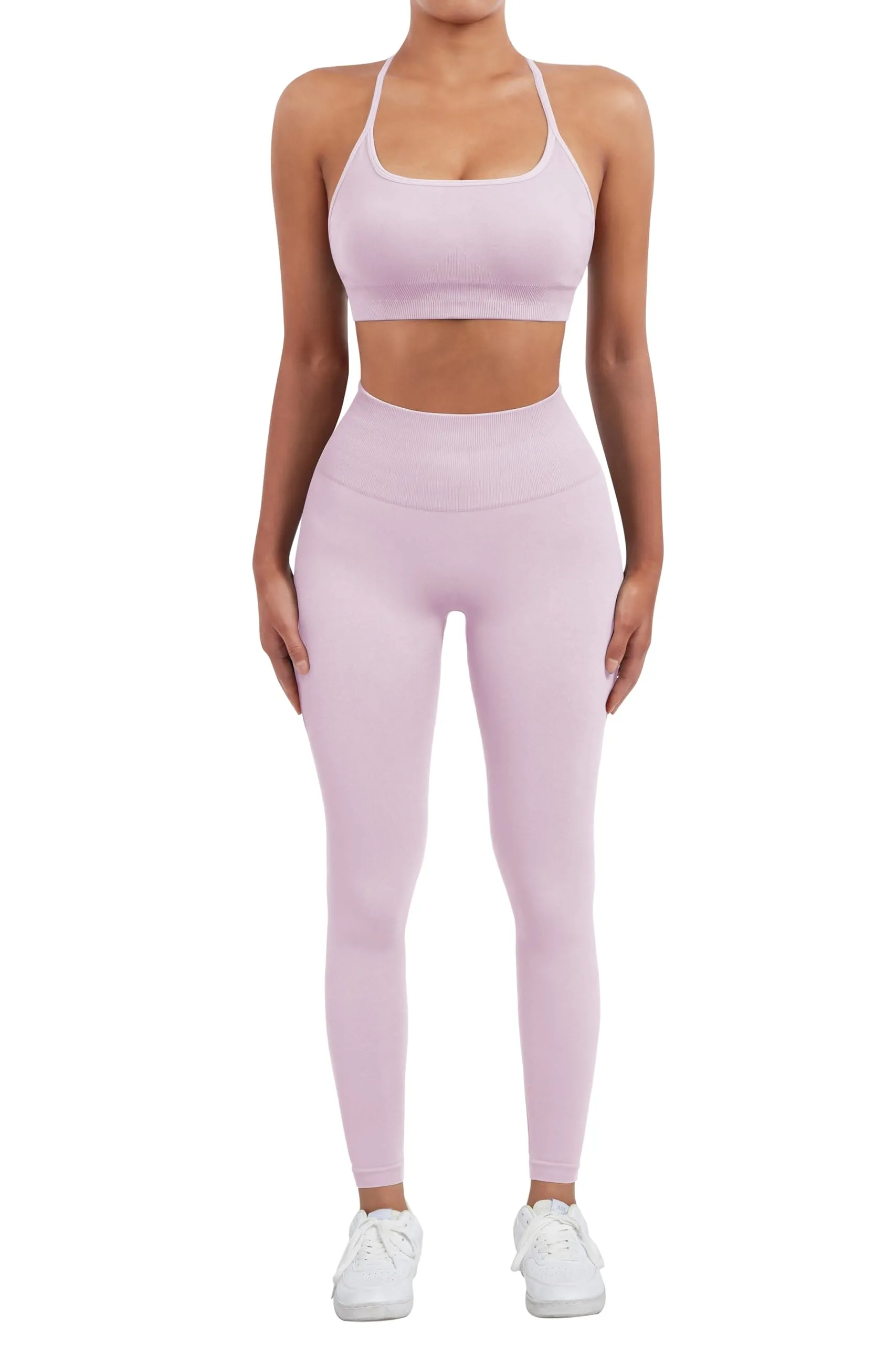 SUUKSESS Women Seamless 2 piece Workout Sets Strappy Padded Sports Bra Booty High Waisted Leggings Outfits (Baby Pink)