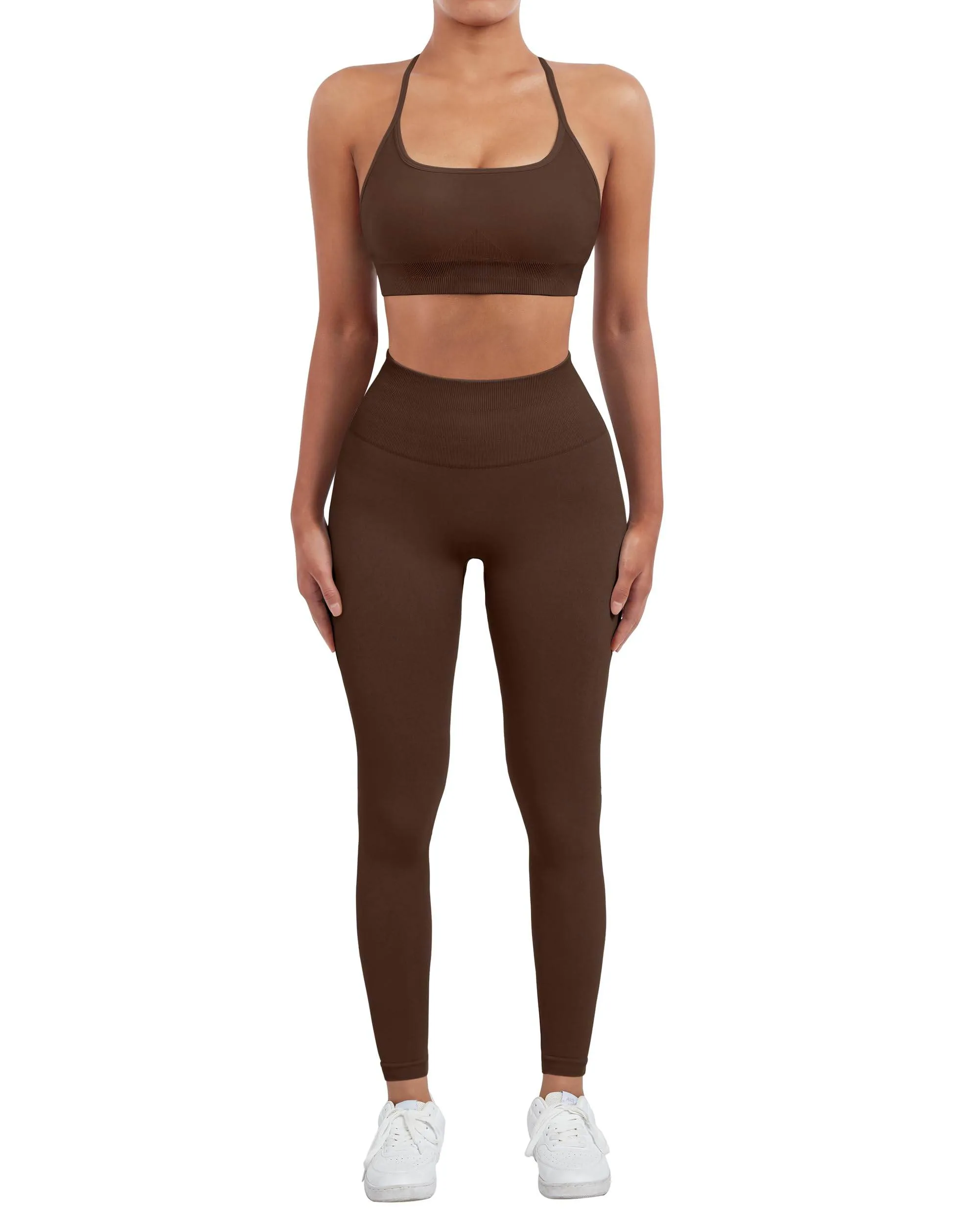 SUUKSESS Women Seamless 2 piece Workout Sets Strappy Padded Sports Bra Booty High Waisted Leggings Outfits (Deep Brown,S)